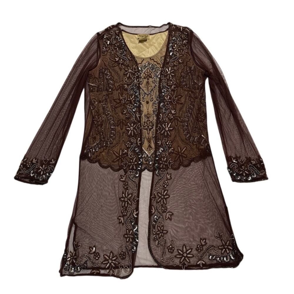 Vintage Women’s Large Chiffon Beaded Long Evening Duster Formal Top Boho Gyspy